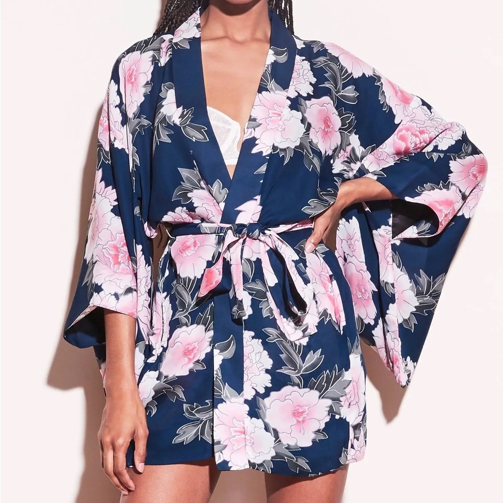 Fleur du mal Haori floral print silk kimono robe S/M teal